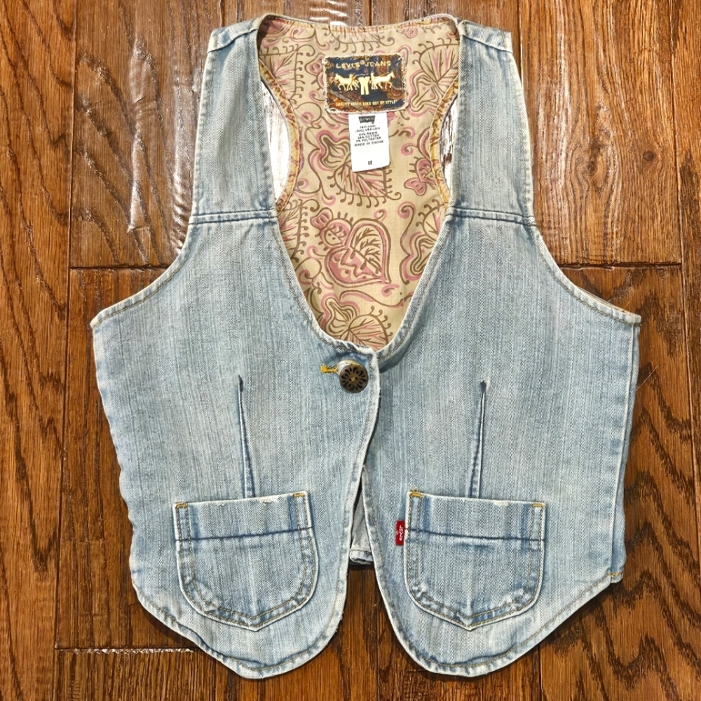 Levi's Women's One Button Vest/Waistcoat Faded Blue Cotton Blend - Size Medium